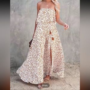 #139 Strapless Maxi Dress does have elastic on top side& waist, slit in one side